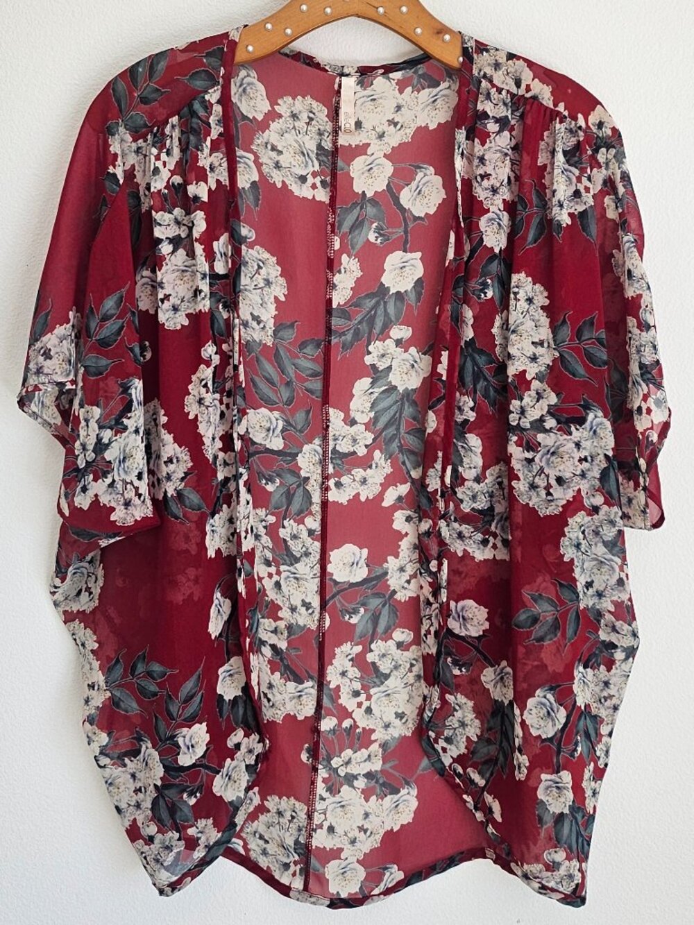 Elle CLO Red Floral Sheer Boho Kimono Cardigan Open Front Medium - Picture 2 of 9